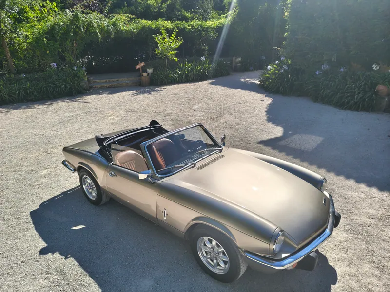 Triumph Spitfire Champanhe visto de cima num jardim