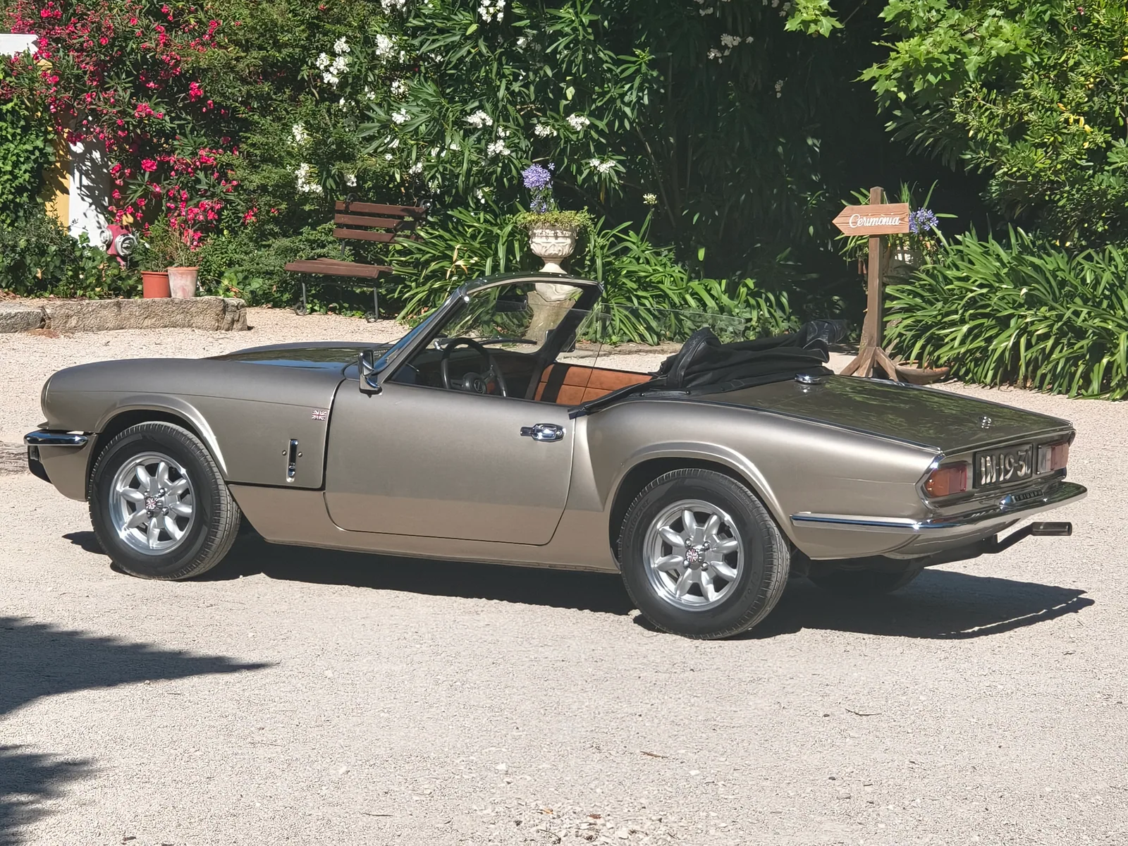 Triumph Spitfire Champanhe de perfil, com capota aberta num jardim